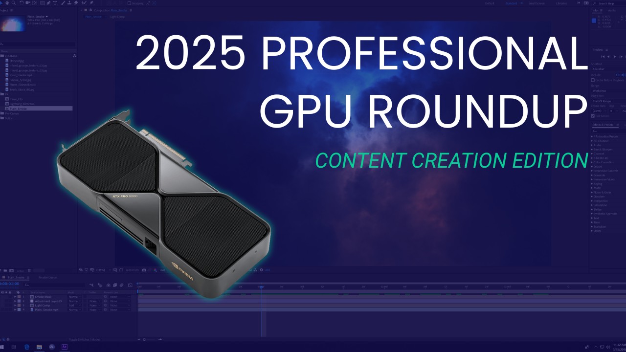 An NVIDIA RTX PRO 6000 Blackwell Workstation video card and article title text overlaid on a blue-tinted screenshot of After Effects.