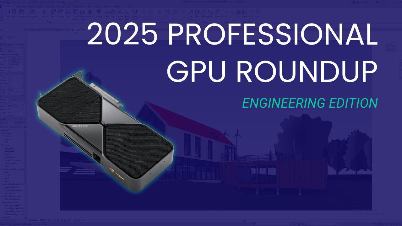 An NVIDIA RTX PRO 6000 Blackwell Workstation video card and article title text overlaid on a blue-tinted screenshot of an engineering application.