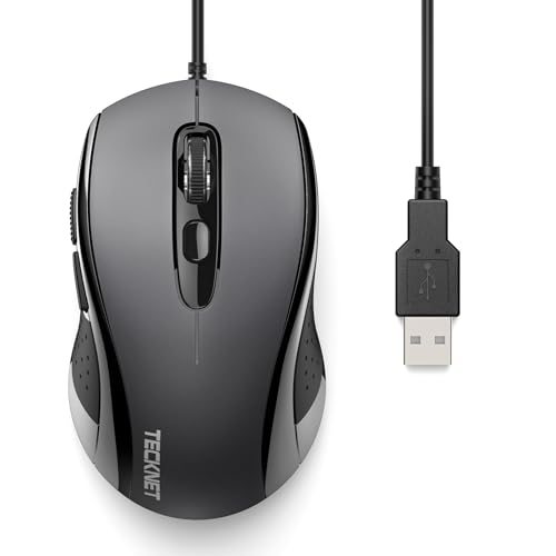 TECKNET USB-A Wired Mouse for Laptop Computer with 6-Button,Home and Office 5FT Corded Mouse, 3600DPI Ergo-Optic Shape PC Mouse Wired for Chromebook,PC,Desktop,Notebook- Grey