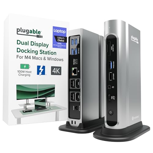 Plugable 16-in-1 Thunderbolt 4 Dock – Dual 4K Monitors for M4/M5 MacBook Air/Pro, 100W Charging, 2X HDMI, 2X DisplayPort, 2.5G Ethernet, 7X USB, MicroSD/SD Card Reader, Windows & USB4 Compatible