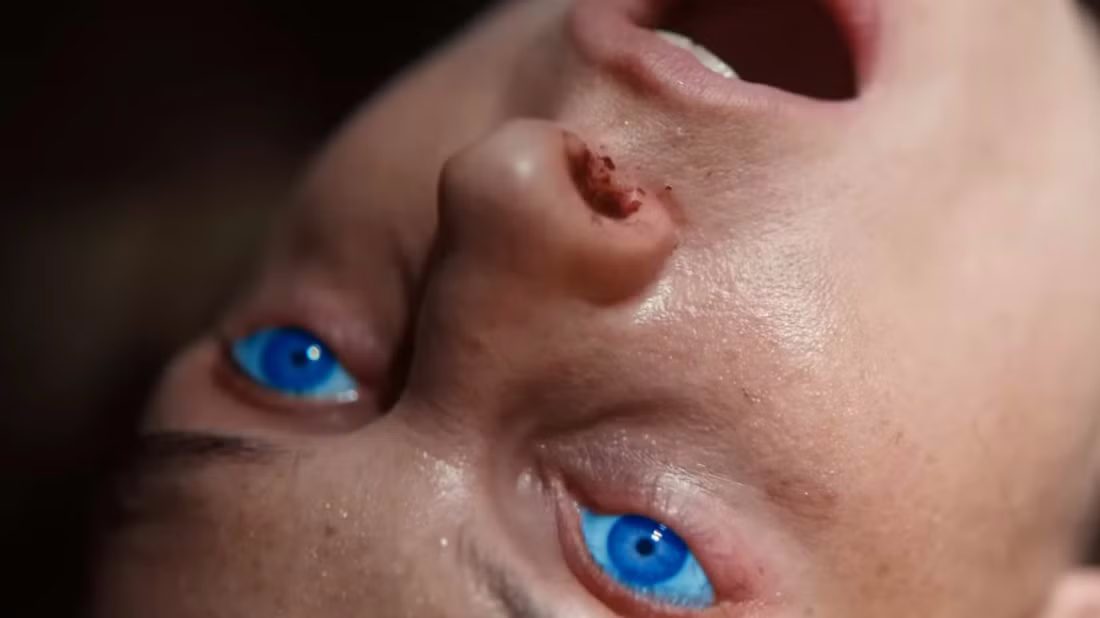 A character with glowing blue eyes from spice exposure in dune part two