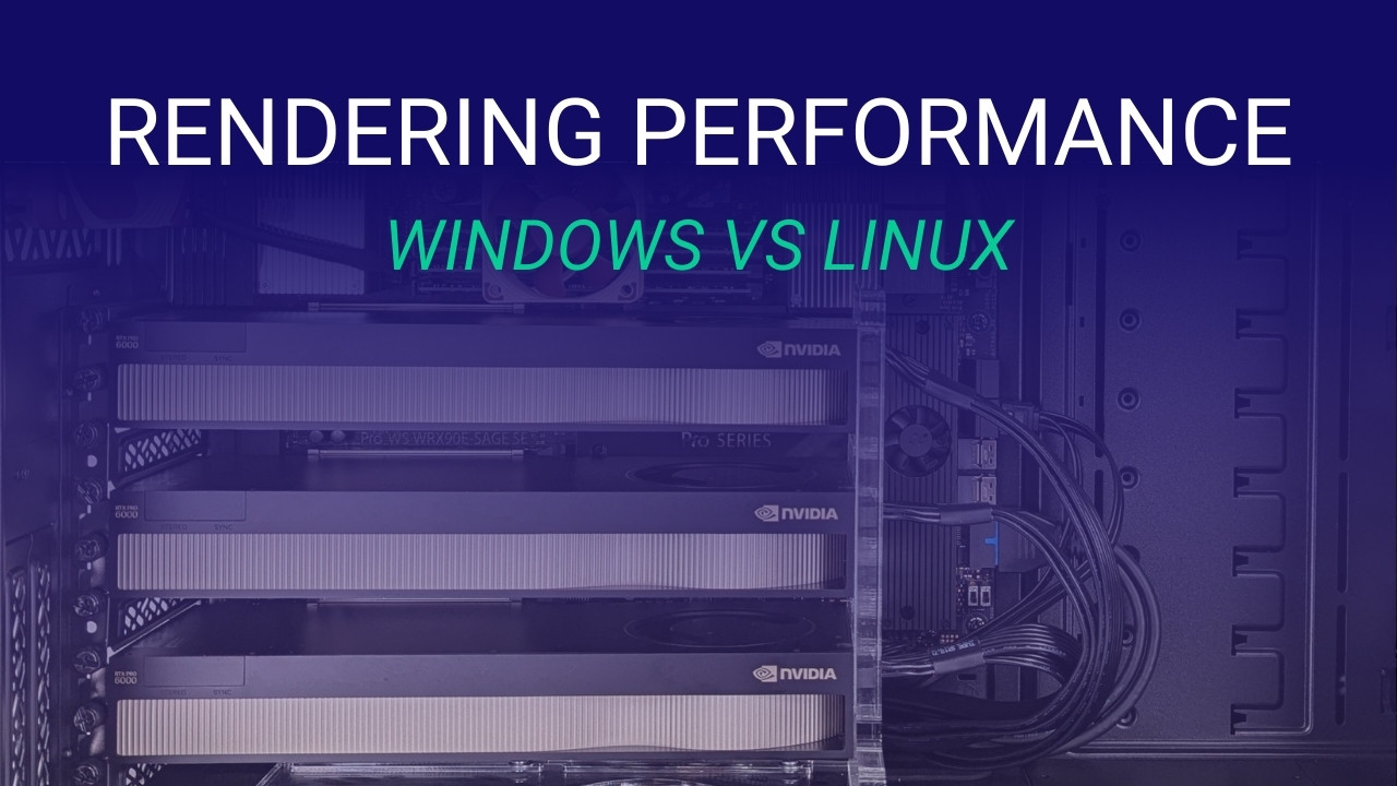 Featured Image for Rendering Performance in Windows Versus Linux with Text Overlaid on a Picture of a Three NVIDIA RTX PRO 6000 Blackwell Max-Q Video Cards in a Workstation