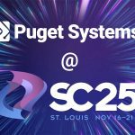 Puget Systems at Supercomputing 2025 on a warp-style background