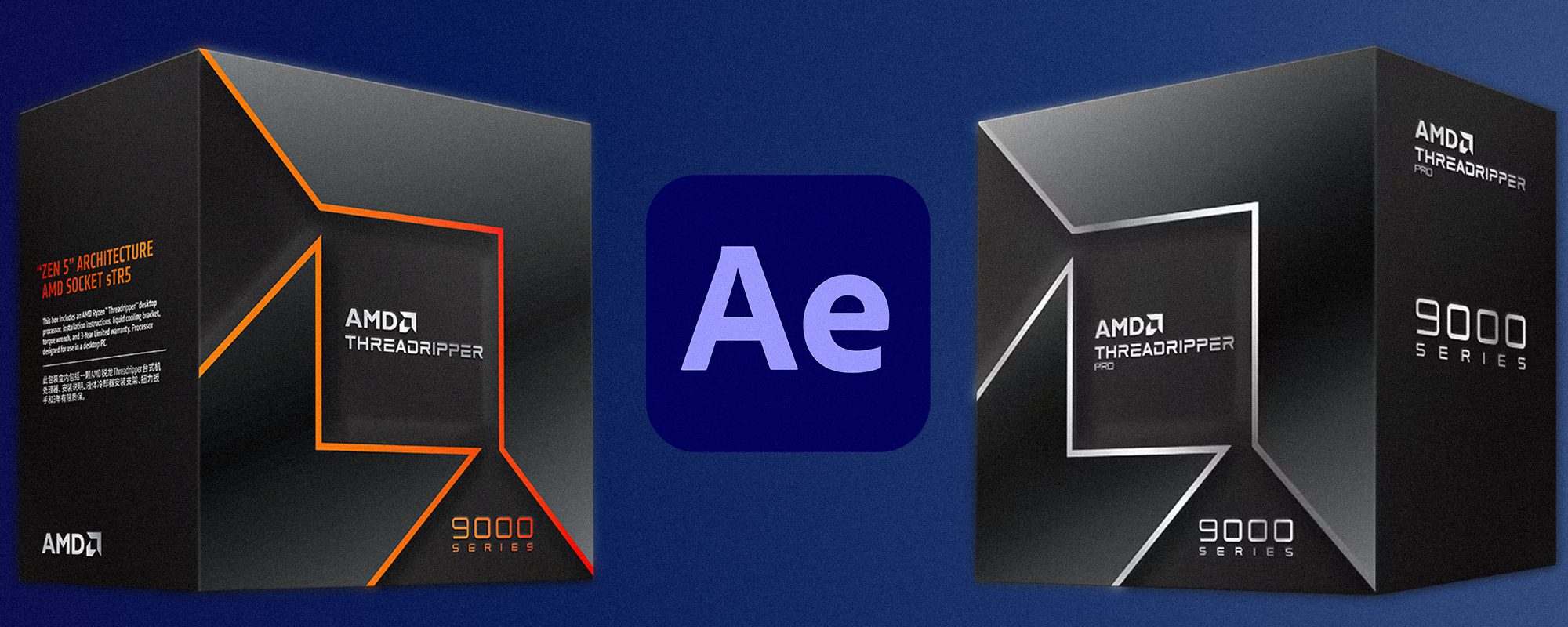 Image showing Threadripper 9000 on the left and Threadripper PRO 9000 WX on the right with After Effects