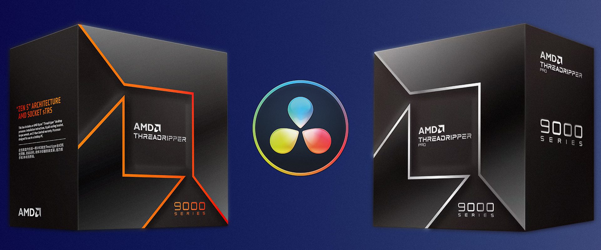 Image showing Threadripper 9000 on the left and Threadripper PRO 9000 WX on the right with DaVinci Resolve