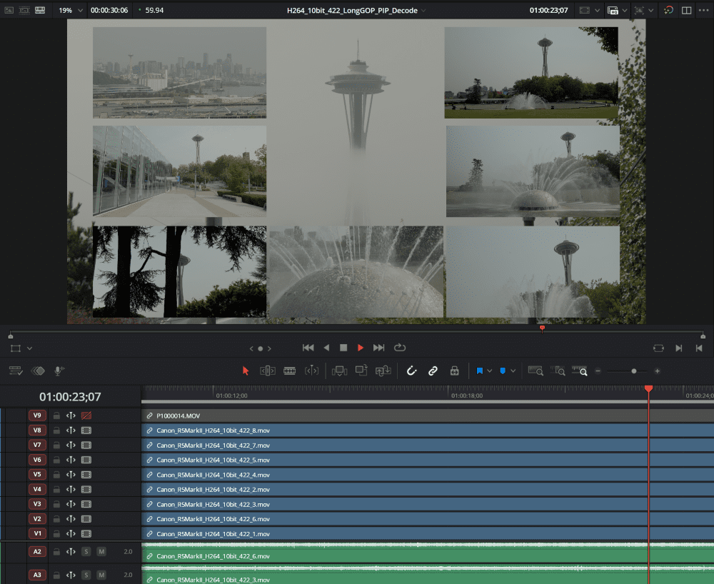Multicam Picture-In-Picture (PiP) sequence in DaVinci Resolve.