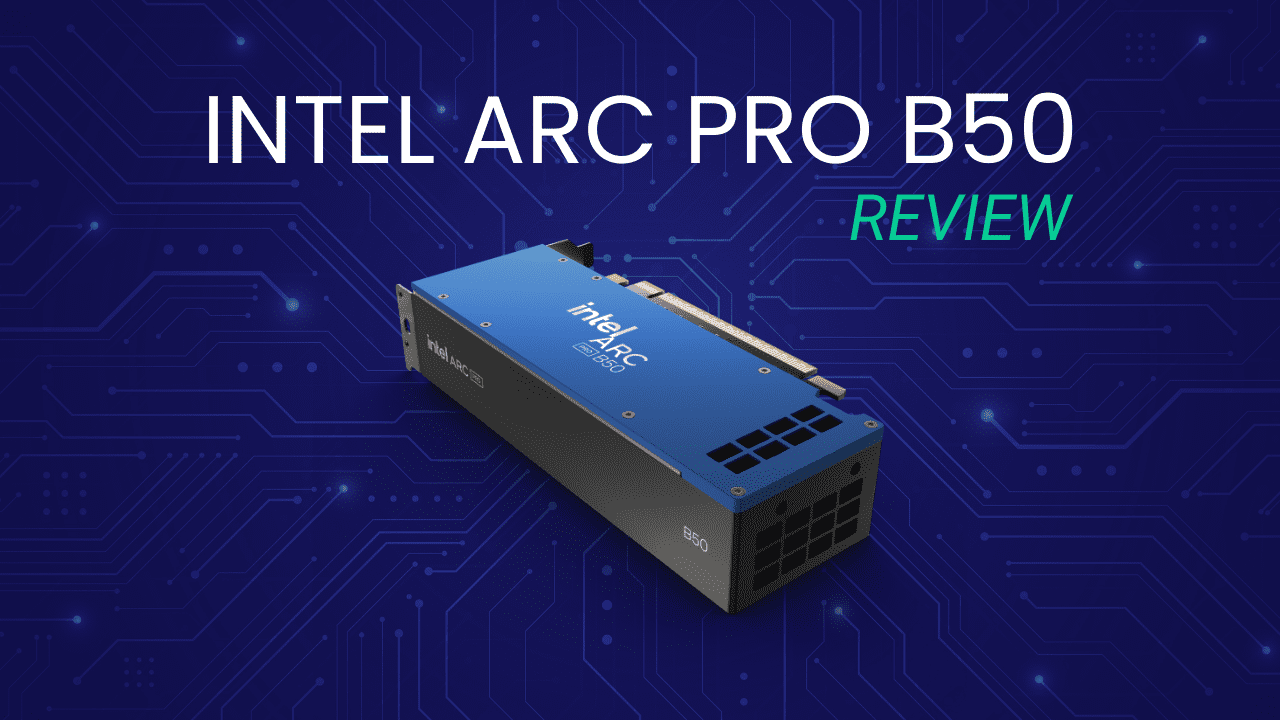 An Intel Arc B50 at an isometric angle on a blue field with white tracer pattern. Above the B50 is the article title in white and green.