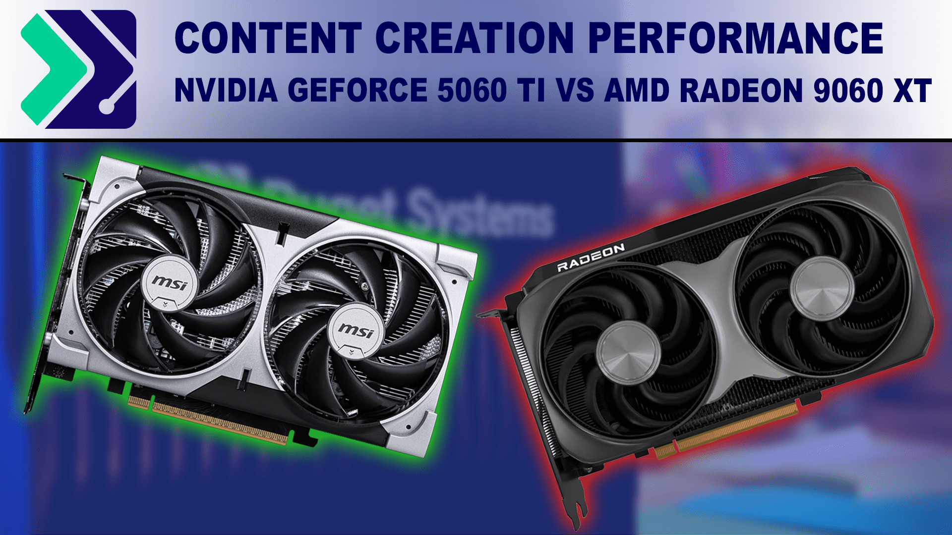 An MSI 5060 highlighted in green and a reference board AMD 9060 highlighted in red on a field of blue. The Puget Systems logo and article title are in a header bar above them.