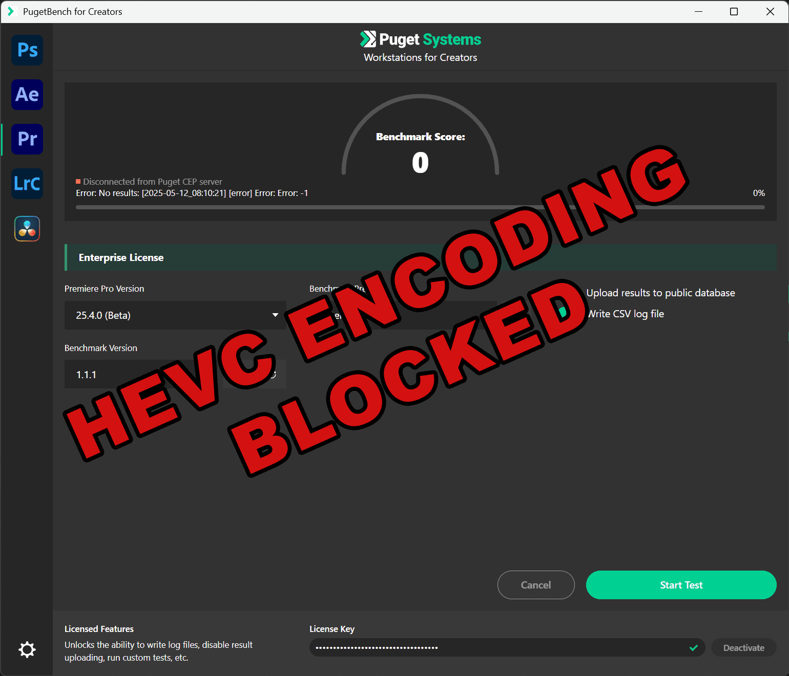 PugetBench for Premiere Pro - HEVC Encoding Blocked