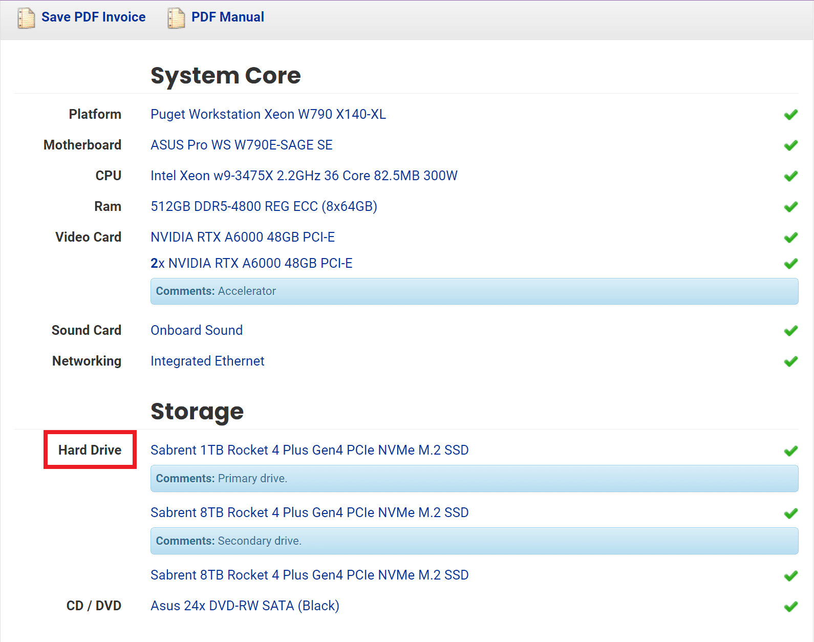 Hard drive section of an order