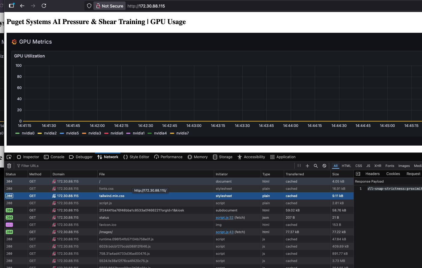 Screenshot of Puget Systems AI Training Demo GPU Usage Monitor Showing No Load